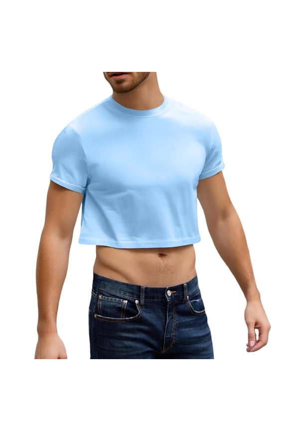 Men's Boxy Cropped Cut T Shirts Short Sleeve Round Neck Tee Casual Basic Tops Sky Blue L