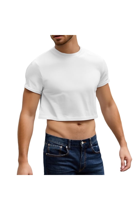 Men's Boxy Cropped Cut T Shirts Short Sleeve Round Neck Tee Casual Basic Tops White M