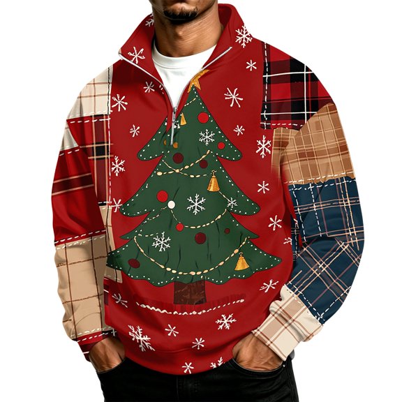Evdexr Men's Christmas Sweatshirts Long Sleeve Quarter Zip Fleece Pullover Fall 2026 Novelty Graphic Sweaters Oversized Breathable Y2k Vacation Tops L