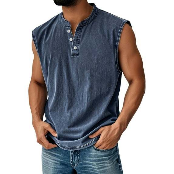 Evdexr Men's Distressed Washed Henley Shirts Sleeveless Muscle Solid Tee Shirts V Neck Button Up Running Polo Shirts Oversized Loose Fit Summer Tops Fashion Navy 3XL