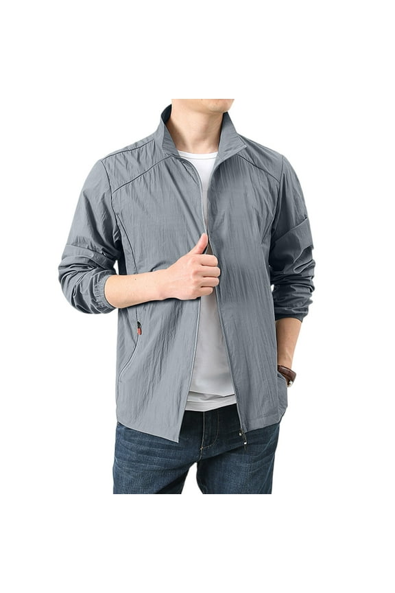 Men's Lightweight Jackets Sun Protection Windbreaker Solid Waterproof Running Overcoat Upf 50+ Long Sleeve Collar Zip Up Thin Jacket with Pockets Dark Gray 3XL