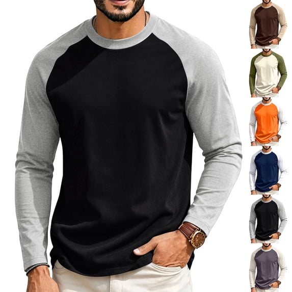 Evdexr Men's Long Sleeve Shirts Raglan Crew Neck T Shirts 2026 Fall Athletic Golf Breathable Tops Loose Fit Lightweight Color Block Casual Pullover 2XL