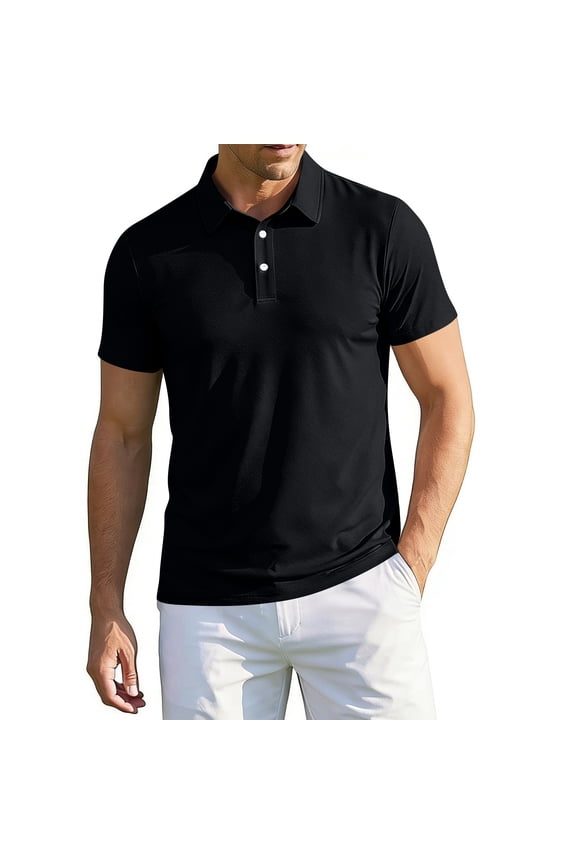 Men's Polo Shirts Collared Short Sleeve Shirts 2026 Summer Button Down Athletic Quick Dry Business Tops Regular Fit Solid T Shirts Black M