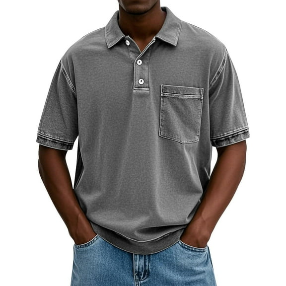 Evdexr Men's Polo Shirts Mokaloha Distressed Shirt Lapel Retro Short Sleeve Gym Tops Casual Loose Acid Wash Henley Solid Color T-Shirt with Pockets Gray L