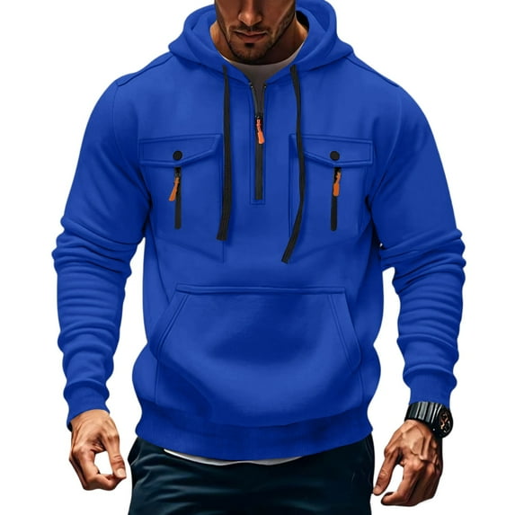 Evdexr Men's Quarter Zip Hoodies Big and Tall Tactical Pullover Winter Long Sleeve Drawstring Athletic Sweatshirt Fall Kangaroo Pockets Zip Up Military Hoody Blue 5XL