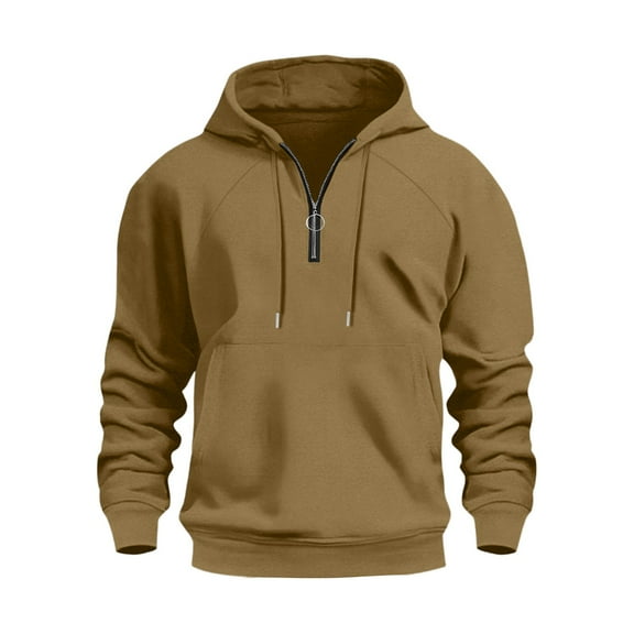 Evdexr Men's Quarter Zip Sweatshirt Oversized Pullover Long Sleeve Kangaroo Pocket Y2k Hoodie Drawstring Big and Tall Solid Color Winter Sweat Shirt Light Brown L