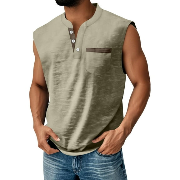 Evdexr Men's Sleeveless Henley Shirts Mokaloha V Neck Solid T Shirts Chest Pocket Slim Fit Outdoor Tees Muscle Button Up Trendy Tee Shirts Clothes Khaki L