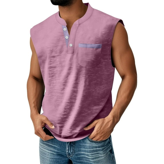 Evdexr Men's Sleeveless Mokaloha Tank Tops Henley Solid Chest Pocket T Shirts V Neck Button Up Outdoor Shirt Bodybuilding Muscle Casual Tee Shirts Fashion Pink 2XL