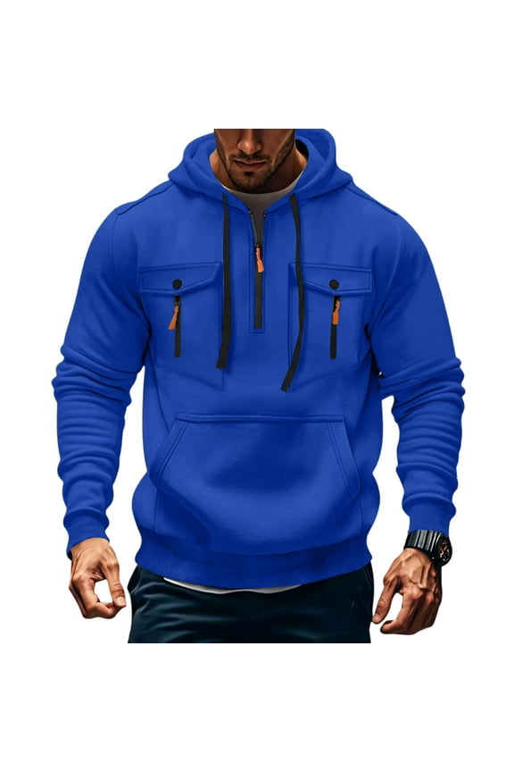 Men's Tactical Hoodies Quarter Zip Big and Tall Pullover Winter Long Sleeve Drawstring Workout Sweatshirt Fall Multiple Pockets Loose Fit Weighted Hoody Blue 2XL