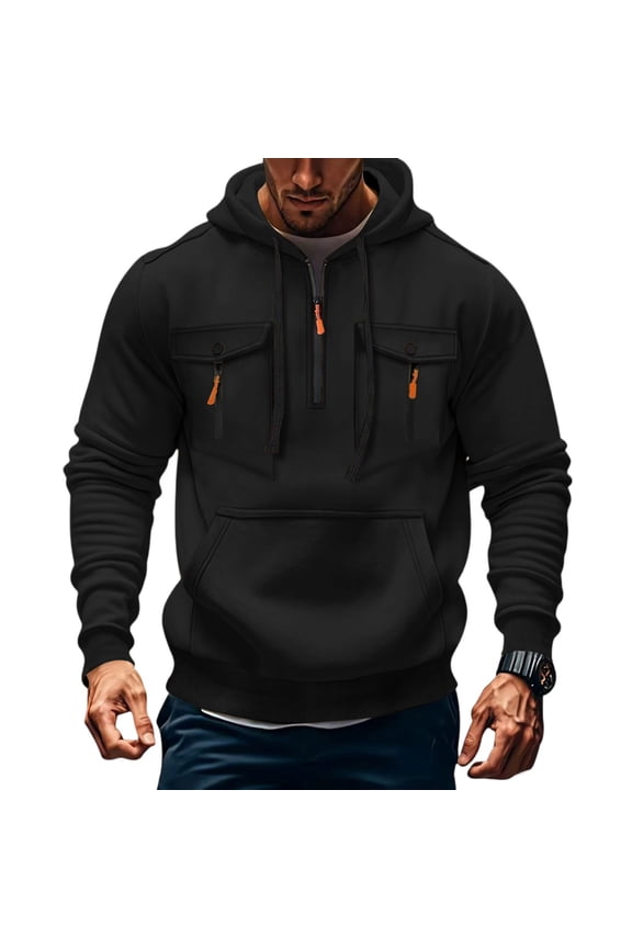 Men's Tactical Pullover Quarter Zip Big and Tall Hoodies Winter Long Sleeve Drawstring Athletic Hoodie Fall Multiple Pockets Military Cargo Sweatshirt Black 4XL