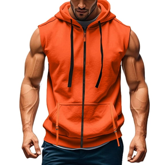 Evdexr Men's Zip Up Hoodie Sleeveless Tank Tops Solid Hooded Running Drawstrings Sweatshirts Lightweight Big and Tall Chest Pockets Muscle Fit Pullover Saffron L