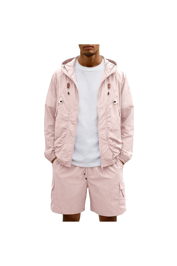 Mens 2 Piece Sets Full Zip Hooded Windbreakers & Cargo Shorts Hiking Sets Summer 2026 Casual Lightweight Drawstring Windproof Outfits with Pockets Pink 3XL