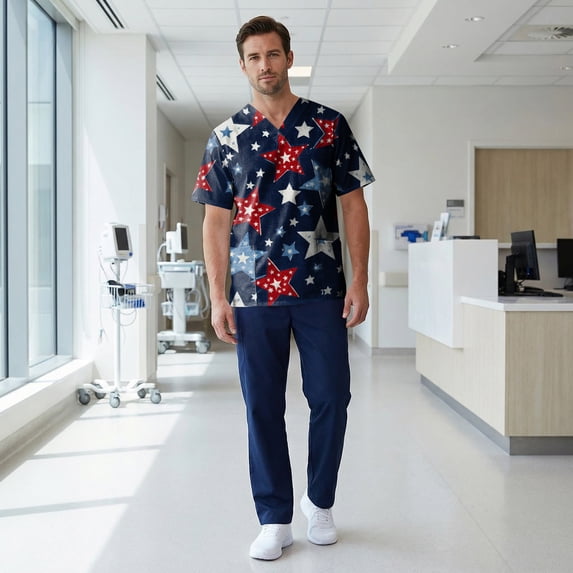 Evdexr Mens 250 Anniversary Usa Scrubs 1776 2026 V Neck Forth Of July Scrub Tops Stars Stripes Short Sleeve Plus Size Usa Flag 4th Of July Medical Uniforms XL