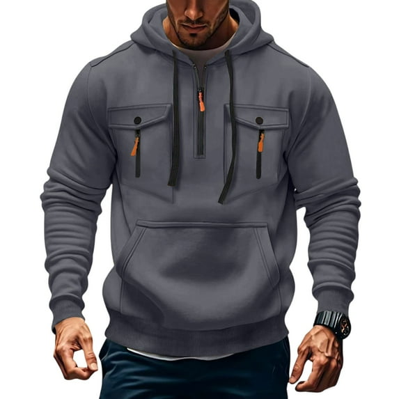 Evdexr Mens Big and Tall Hoodies Quarter Zip Tactical Pullover Winter Long Sleeve Drawstring Workout Sweatshirt Fall Kangaroo Pockets Cargo Military Hoody Dark Gray 5XL