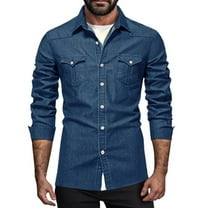 Evdexr Mens Big and Tall Shirt Long Sleeve Cowboy T Shirts Distressed Denim Western Tops Button Down Spread Collar Snap Button Work Jean Shirt Blue M