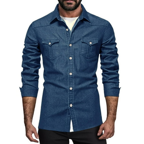 Evdexr Mens Big and Tall Shirt Long Sleeve Cowboy T Shirts Distressed Denim Western Tops Button Down Spread Collar Snap Button Work Jean Shirt Blue M