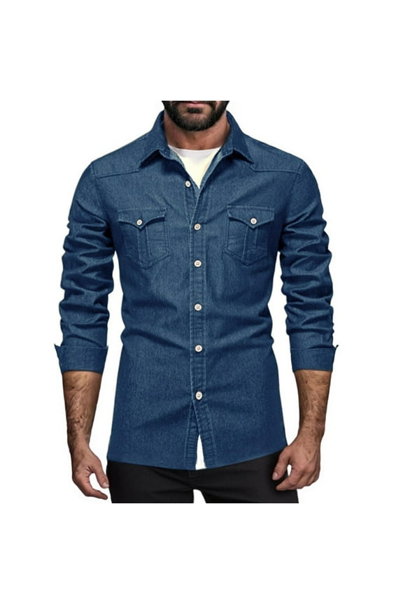 Mens Big and Tall Shirt Long Sleeve Cowboy T Shirts Distressed Denim Western Tops Button Down Spread Collar Snap Button Work Jean Shirt Blue M