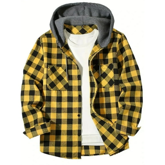 Evdexr Mens Flannel Jackets Plaid Jacket Button Down Hooded Fall Hoodies with Pockets Long Sleeve Insulated Quilted Winter Coats with Hood Yellow 3XL