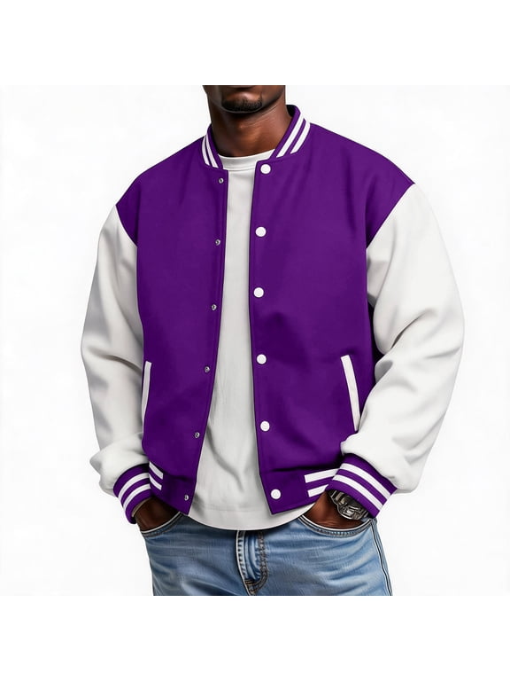 Mens Jackets Fleece Varsity Bomber Jacket Fall Winter Letterman Baseball Coats Long Sleeve Loose Fit Color Block Sweatshirt with Pockets S