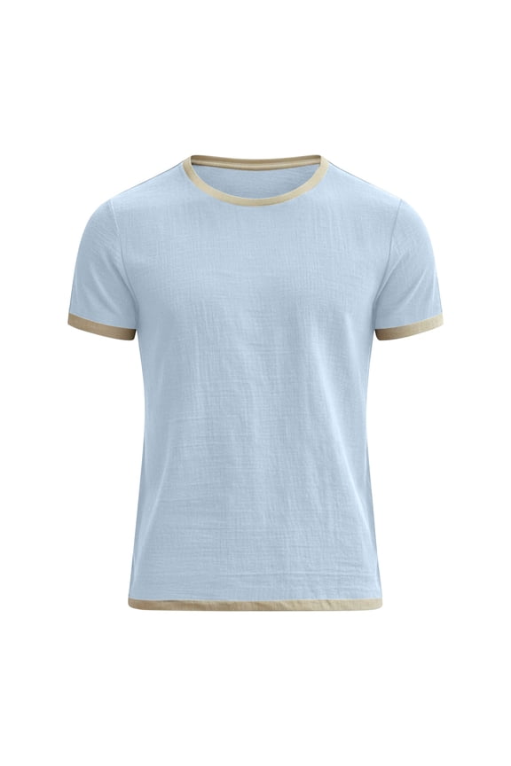 Mens Linen Shirts Short Sleeve Crew Neck T Shirt 2026 Summer Cotton Loose Beach Tee Lightweight Breathable Ringer Classic Tops Light Blue L