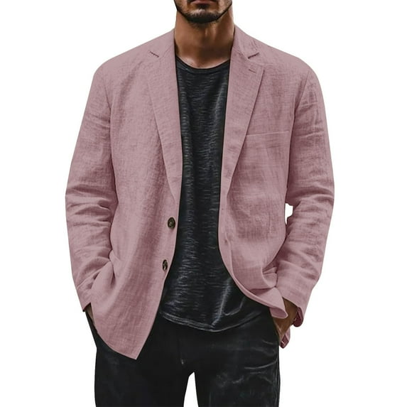 Evdexr Mens Linen Suit Jacket Big and Tall Button Down Dress Shirts Cotton Striped Business Suits Fall Long Sleeve Stretch Wrinkle Free Jackets Pink L