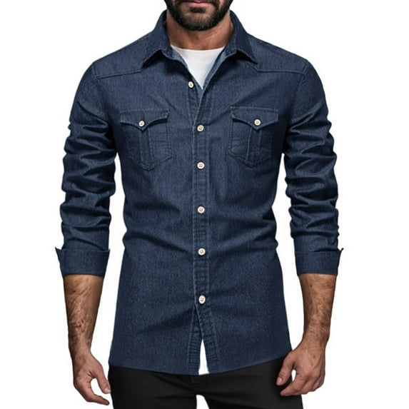 Evdexr Mens Long Sleeve Shirts Big and Tall Cowboy Jean Shirt Denim Spread Collar Western Tops Distressed Button Down Regular Fit Work T Shirts Navy 3XL