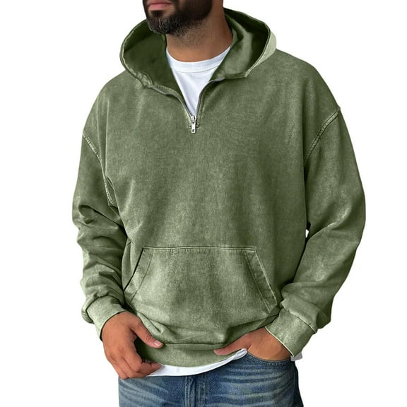 Evdexr Mens Oversized Pullover Quarter Zip Sweatshirt Acid Washed Distressed Winter Sweater Baggy Kangaroo Pocket Vintage Hoodie Plain Solid Streetwear Army Green M