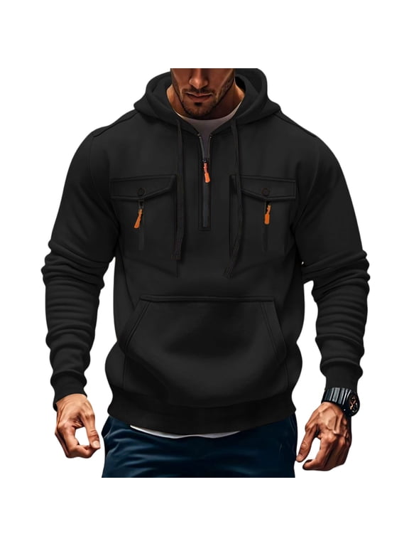 Tactical Hoodies Mens Big and Tall Quarter Zip Pullover Winter Drawstring Long Sleeve Workout Hoody Fall Multiple Pockets Cargo Oversized Sweatshirt Black 5XL