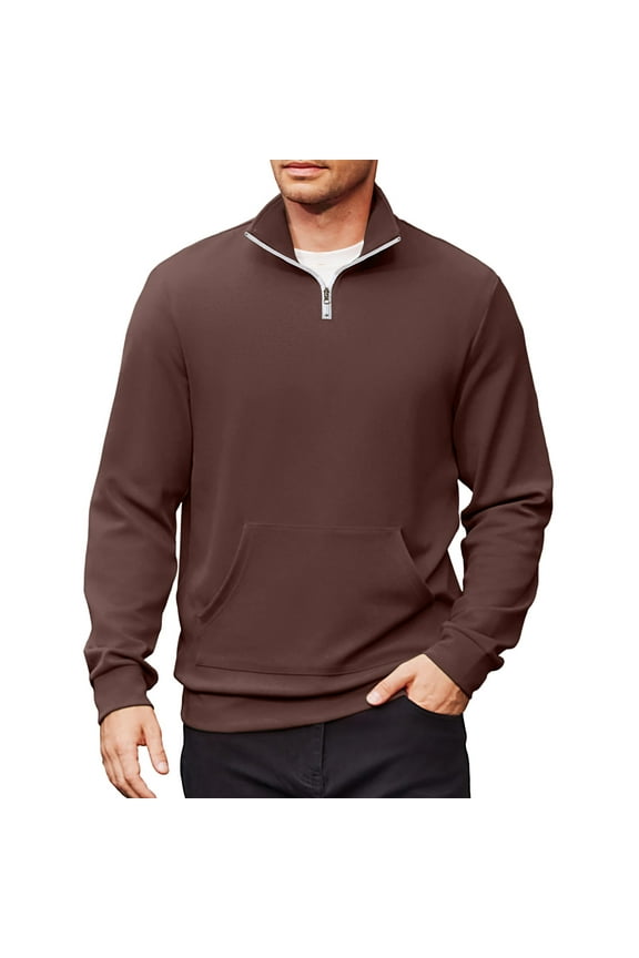 Mens Quarter Zip Sweatshirt Mock Neck Sweatshirts Fall Long Sleeve Stand Collar Tops Polo Half Zip Athletic Sweater Baggy Loose Fit Shirts Brown 2XL