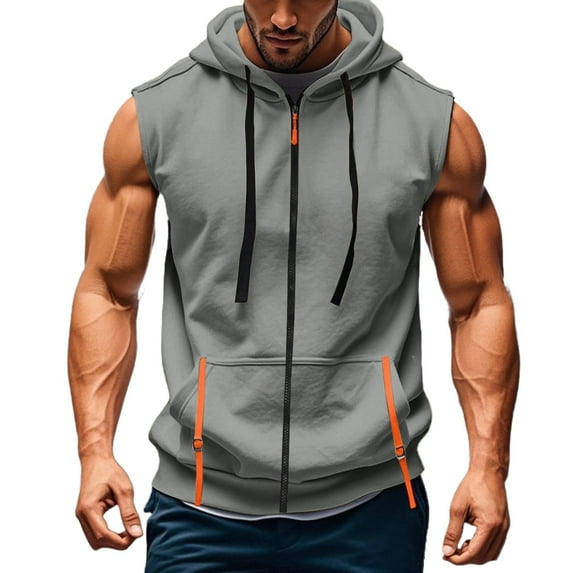 Evdexr Mens Sleeveless Hoodie Zip Up Sweatshirts Hooded Solid Gym Drawstrings Tank Tops Lightweight Loose Fit Zipper Muscle Fit Pullover Light Gray 2XL