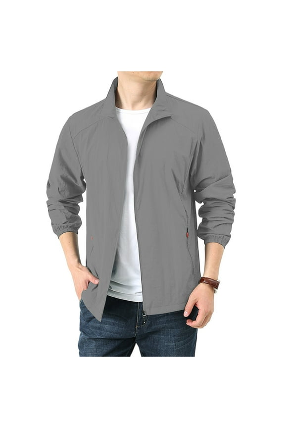Mens Sun Protection Rain Jacket Lightweight Coats Waterproof Zip Up Running Jacket Long Sleeve Solid Packable Upf 50+ Loose Fit Windbreaker with Pockets Light Gray XL