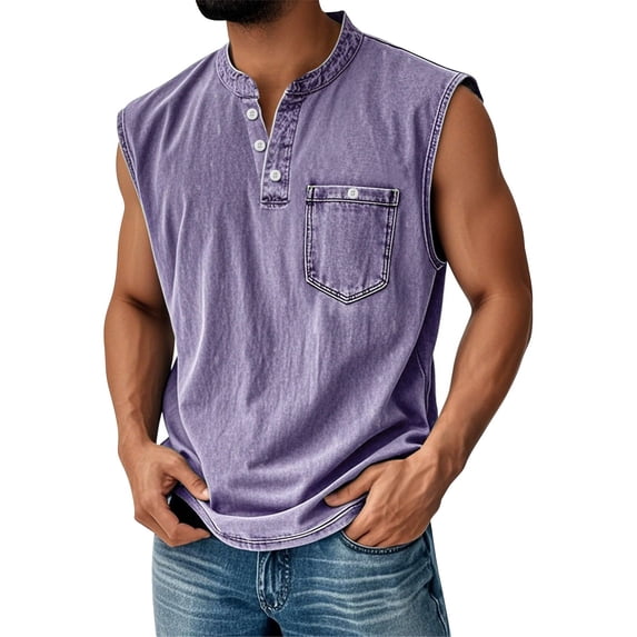 Evdexr Mens Tank Top Casual Lapel Henley Muscle Fit Sleeveless Gym Workout Tanks Solid Plain Button Down Tee Summer Vintage T-Shirt with Pockets Light Purple M