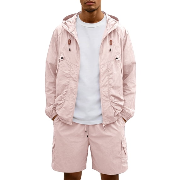 Evdexr Mens Tracksuit Hooded Full Zip Windbreakers & Cargo Shorts Golf Outfits 2026 Summer Casual Big and Tall Windproof Drawstring Sets with Pockets Pink 2XL