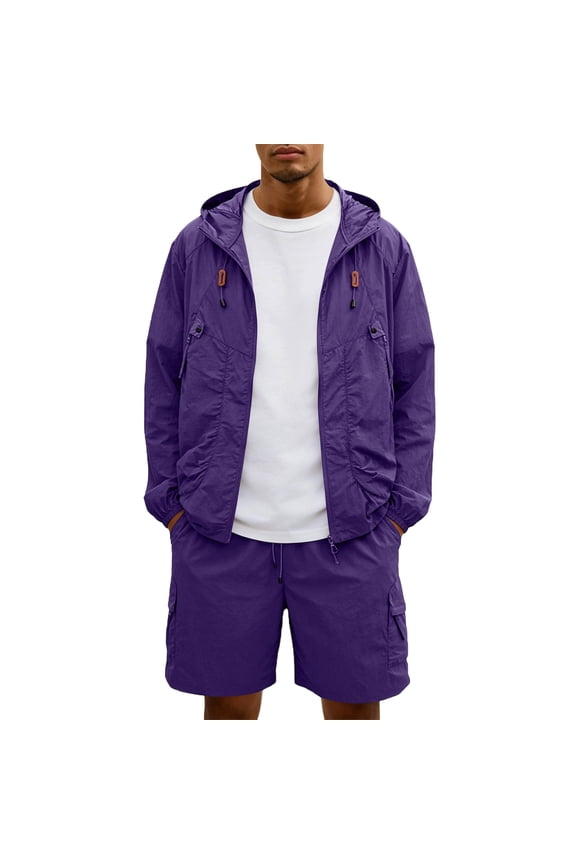 Mens Tracksuit Hooded Full Zip Windbreakers & Cargo Shorts Golf Sets 2026 Summer Casual Drawstring Lightweight Drawstring Outfits with Pockets Purple L