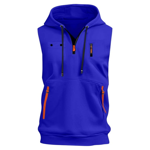Evdexr Mens Workout Sleeveless Shirts Zip Up Drawstring Hooded Tanks Solid Lightweight Running T Shirts Cut Off Loose Fit Casual Sweatshirt with Pocket Royal Blue 3XL