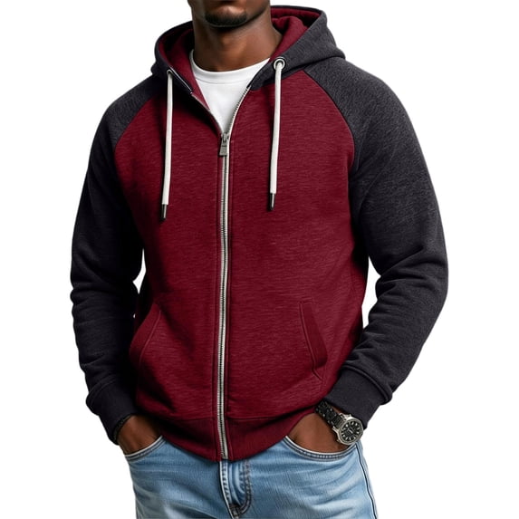 Evdexr Mens Zip Up Hoodie Long Sleeve Hooded Sweatshirt with Pockets 2026 Winter Trendy Athletic Jacket Slim Fit Lightweight Color Block Hoodies L