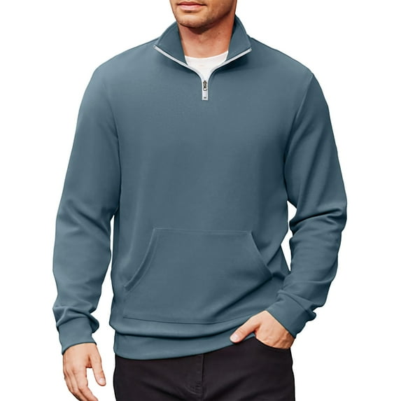 Evdexr Mock Neck Sweatshirt Mens Quarter Zip Sweatshirts Winter Long Sleeve Polo Shirt Stand Collar Chest Pockets Workout Shirts Baggy Warm Sweater Blue 3XL