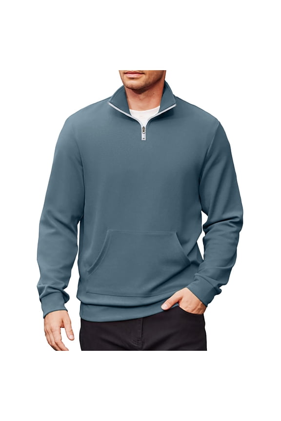Mock Neck Sweatshirts for Men Quarter Zip Sweatshirt Winter Long Sleeve Polo Shirts Stand Collar Chest Pockets Golf Shirt Big and Tall Warm Sweater Blue S