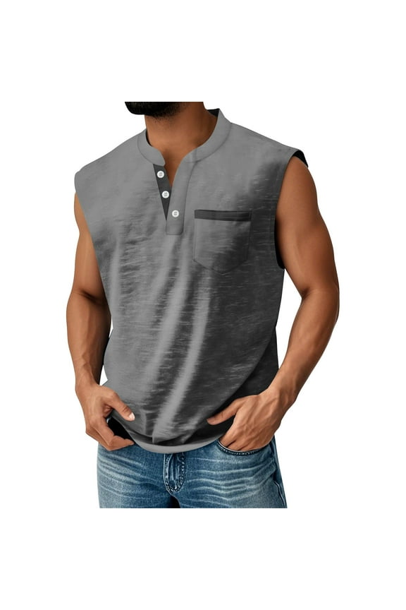 Mokaloha Henley Shirts Men Sleeveless Solid Chest Pocket Tees V Neck Muscle Beach T Shirts Big and Tall Slim Fit Trendy Shirt Clothes Dark Gray 3XL
