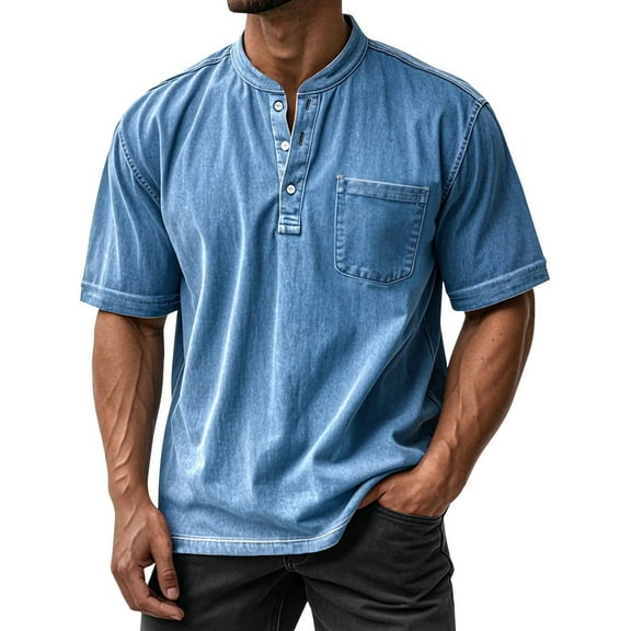 Evdexr Mokaloha Shirts Men Big and Tall Henley Shirt Washed Short Sleeve Vacation Tops Button Down Loose Fit Band Collar Vintage Streetwear with Pocket Blue 2XL