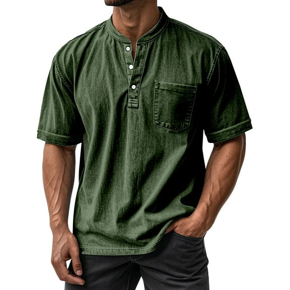 Evdexr Mokaloha T Shirts Men Big and Tall Henley Streetwear Short Sleeve Button Down Beach Shirt Washed Mock Neck Lightweight Vintage Tops with Pocket Army Green XL