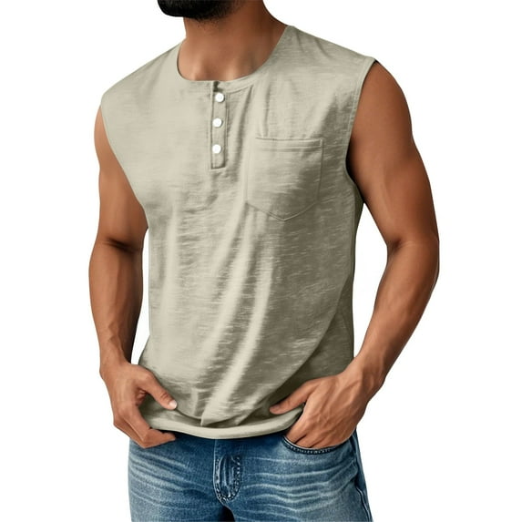 Evdexr Mokaloha Tank Tops for Men Quick Dry Solid Colour Henley Sleeveless Shirts Light Weight Button Down Athletic Work Tee Shirt Big and Tall Workout Shirt Vest with Pockets Khaki 3XL