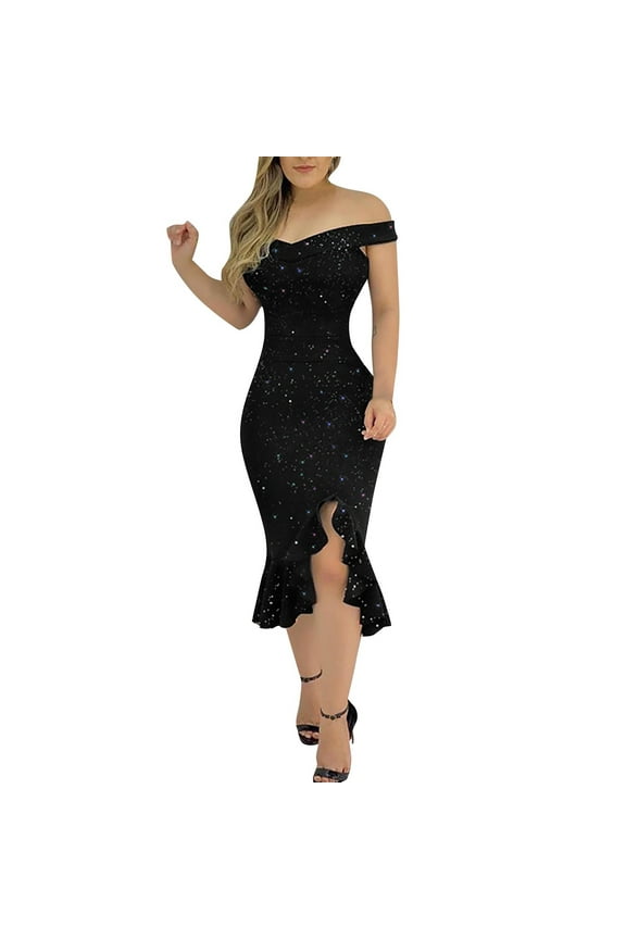 Off Shoulder Sequin Short Party Dresses for Women with Sleeves Glitter Ruffle Hem Slit Mini Formal Prom Cocktail Gown Black L