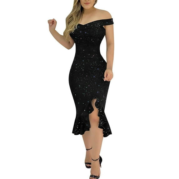 Evdexr Off Shoulder Sequin Short Party Dresses for Women with Sleeves Glitter Ruffle Hem Slit Mini Formal Prom Cocktail Gown Black XL