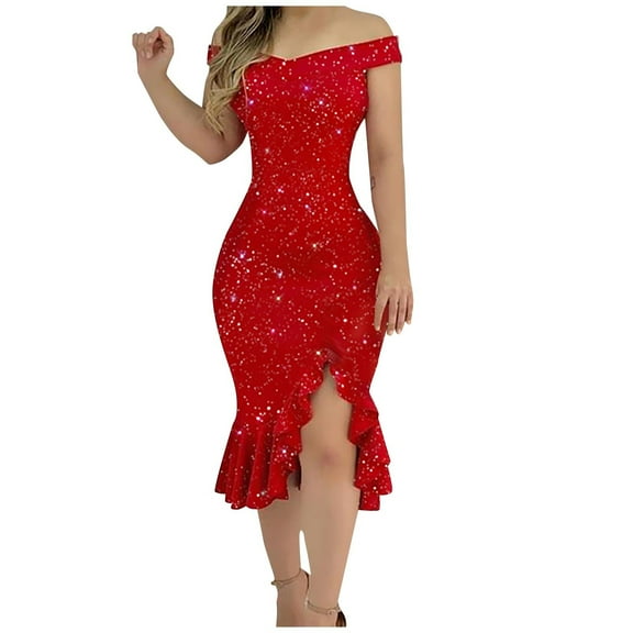 Evdexr Off Shoulder Sequin Short Party Dresses for Women with Sleeves Glitter Ruffle Hem Slit Mini Formal Prom Cocktail Gown Red XL