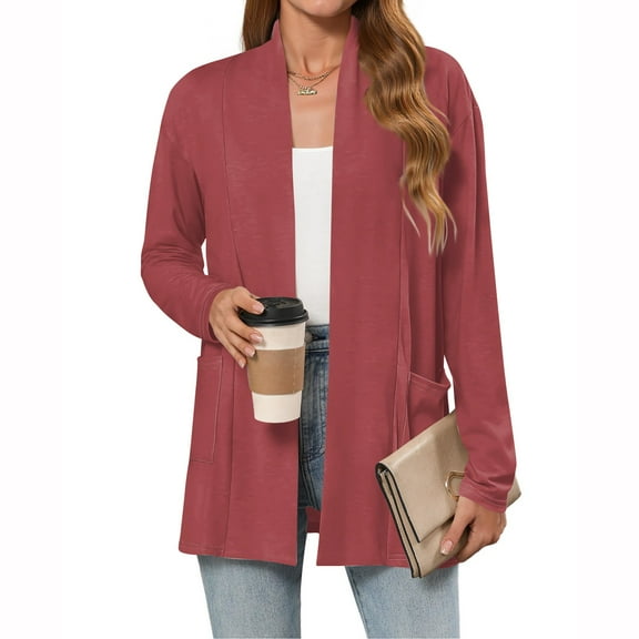 Evdexr Open Front Cardigans Juniors Lightweight Long Cover Ups Solid Color Thin Cardigan Sweaters Trendy Long Sleeve Loose Plus Size Kimono Cardigans with Pockets Wine M