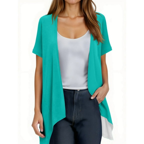 Evdexr Open Front Cardigans Womens Lightweight Long Thin Cardigan Sweaters Summer Dressy Short Sleeve Kimono Cardigans Oversized Flowy Modal Cover Ups Turquoise M