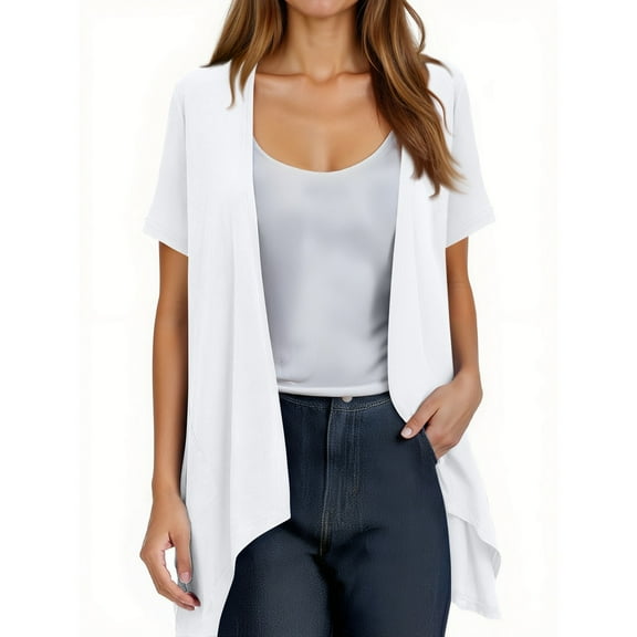 Evdexr Open Front Cardigans Womens Long Lightweight Short Sleeve Cardigan Sweaters Summer Dressy Thin Kimono Cardigans Oversized Knit Irregular Drape Hem Cover Ups White S