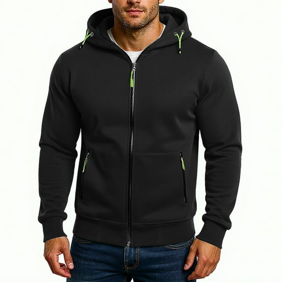 Evdexr Oversized Hoodies Men Pullover Zip Up Hooded Drawstring Sport Coat Casual Long Sleeve Zipper Pockets Fleece Sweatshirts Plain Cotton Jacket Black M