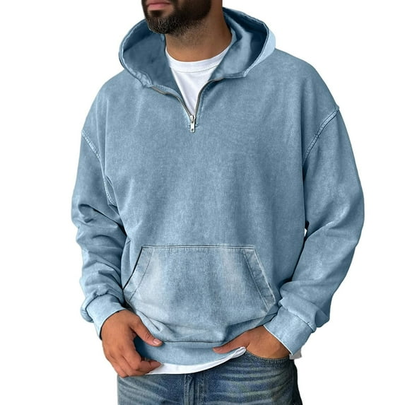 Evdexr Oversized Pullover Men Quarter Zip Sweatshirt Acid Washed Kangaroo Pocket Fall Streetwear Plain Distressed Polo Hoodie Hooded Lightweight Sweater Light Blue 3XL